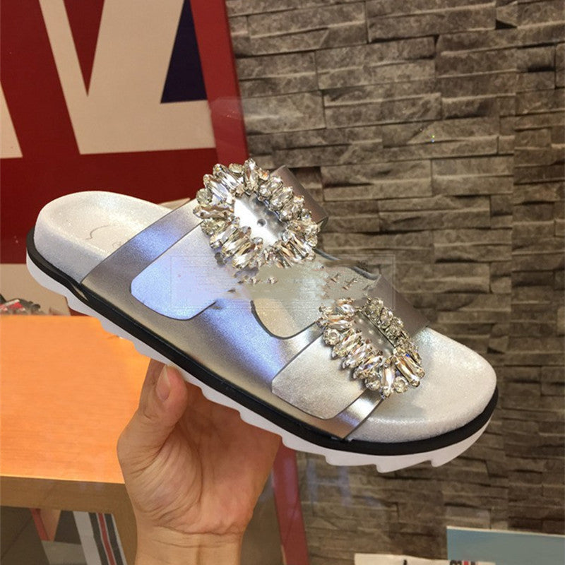 Sandalias planas de cuero con hebilla cuadrada y diamantes de imitación para mujer