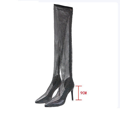 High-heel Stiletto Rubber Sole High-top Over-the-knee Rhinestone Mesh High-heeled Shoes