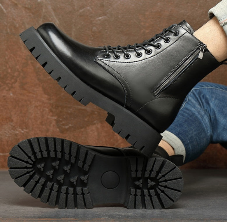 Botas con cremallera para hombre con plataforma de pelo alto y piel auténtica