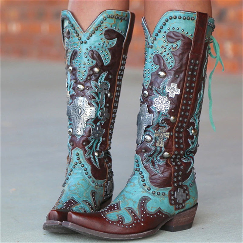 Women's Pointed Thick Heel Embroidered Printed Lace-up Mid-tube Boots