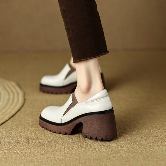 Retro Style Single Shoes Chunky Heel Platform Slipon