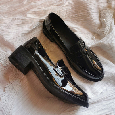 Small Leather Shoes Female British Style Thick Heel Black Retro Japanese Loafers Mid-heel Shoes