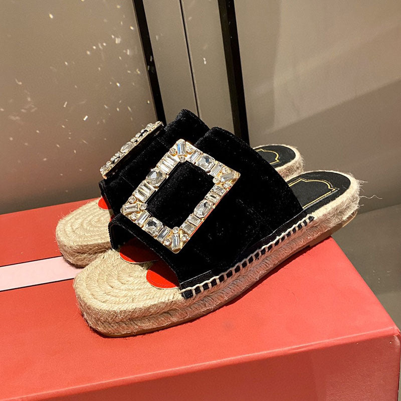 Pantuflas de cáñamo con hebilla cuadrada y diamantes de imitación para mujer