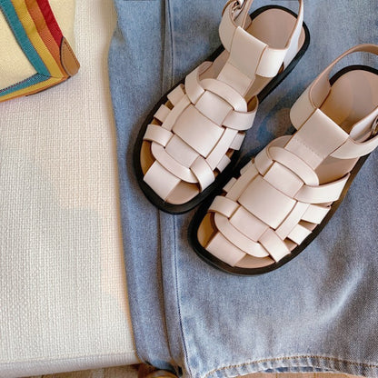 Sandalias romanas de pescador con punta cerrada y estilo preppy de verano con piel de vaca y punta redonda