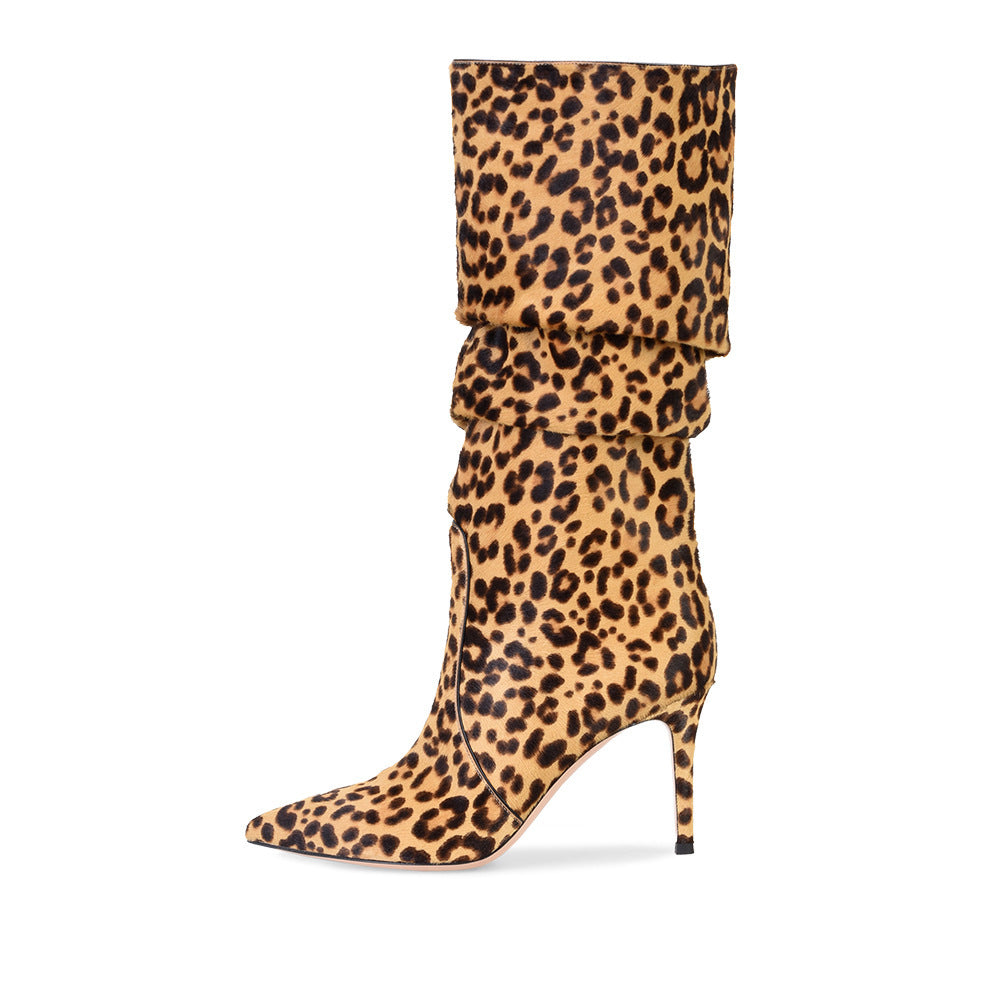 Botas de tacón alto de aguja con estampado de leopardo sexy para mujer en invierno