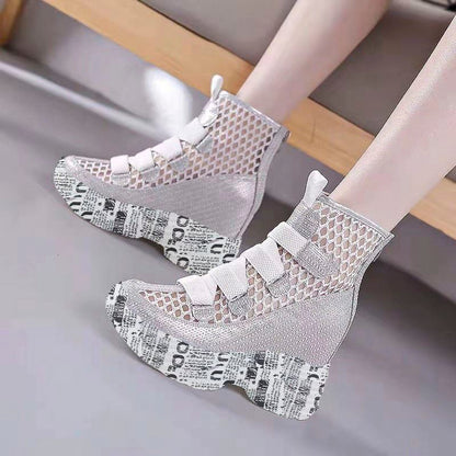 Mesh Hollowed Out Boots Breathable Thick Soled Wedge Heels Inside Heightening Women's Cool Boots