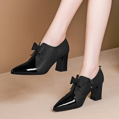 Thick-heel Pointed Deep-mouth Single Shoes Color Matching Large Bow High-heeled Shoes