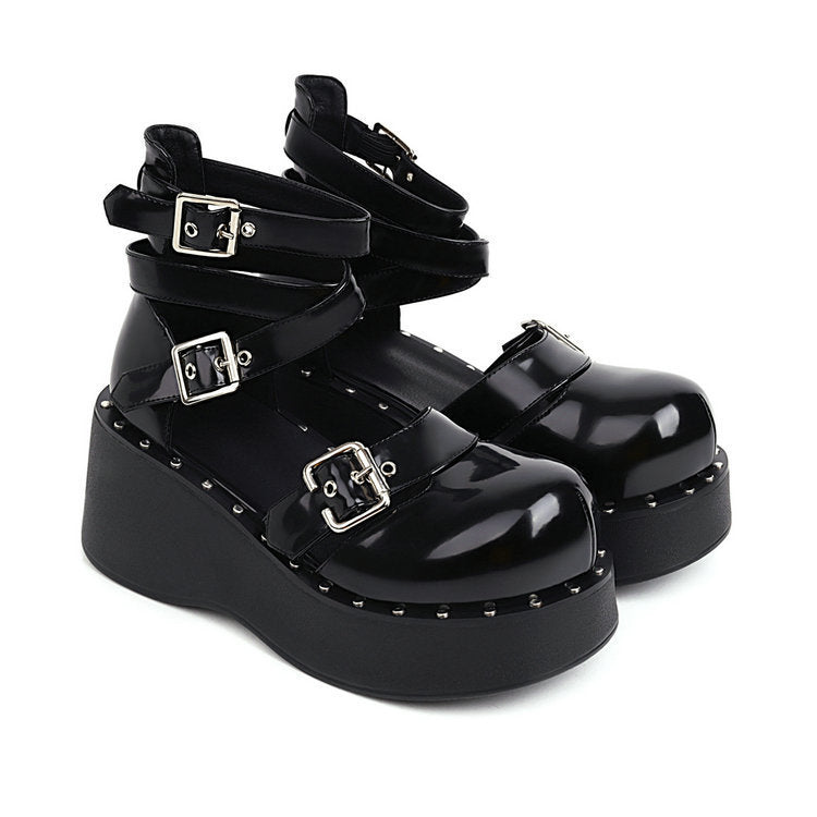 Zapatos de vendaje Mary Jane, zapatos de mujer Lolita, disfraz de promoción de canciones punk, estilo japonés Jk Preppy, zapatos de plataforma ajustados de cuero con aumento de altura