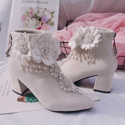 Sapatos femininos artesanais de lã com bico fino e botas femininas com strass