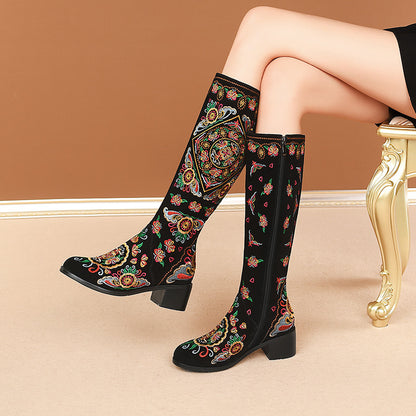 Botas altas con flores bordadas esmeriladas para mujer