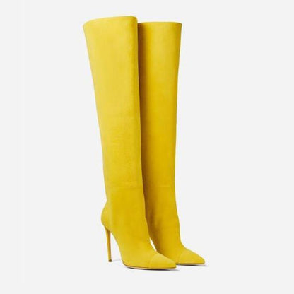 Botas altas de tacón de aguja por encima de la rodilla con mangas de ante azul y amarillo para mujer, talla grande