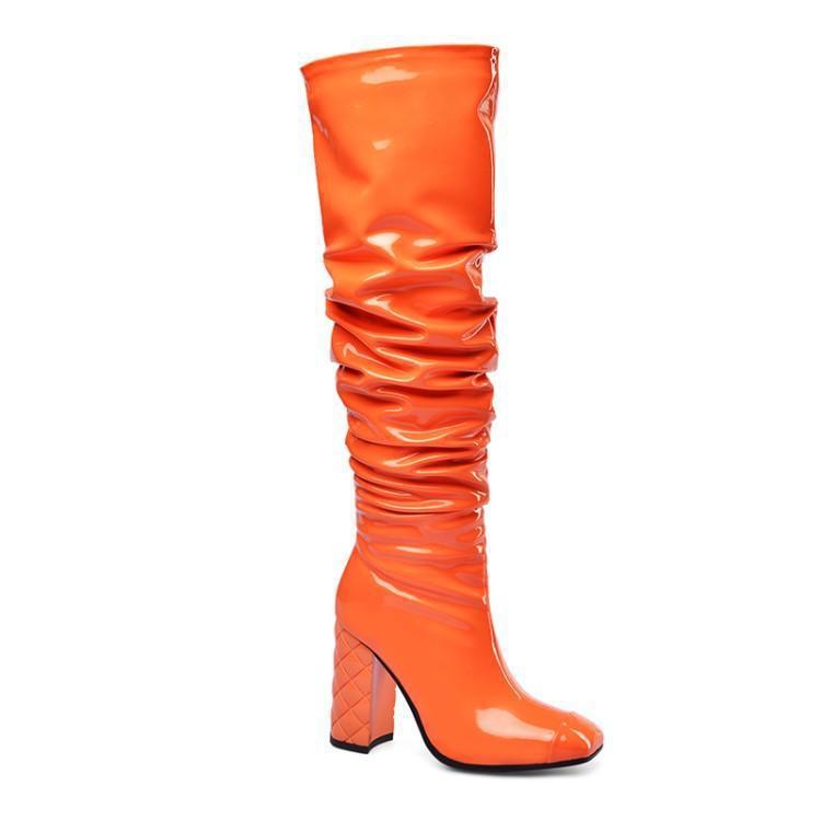 Botas por encima de la rodilla de color naranja con tacón grueso de nueva moda para mujer