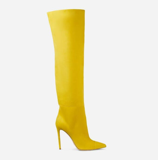 Botas altas de tacón de aguja por encima de la rodilla con mangas de ante azul y amarillo para mujer, talla grande