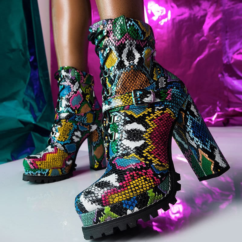 Flower Skin Snake Print Explosion Type Foreign Trade Waterproof Platform Boots