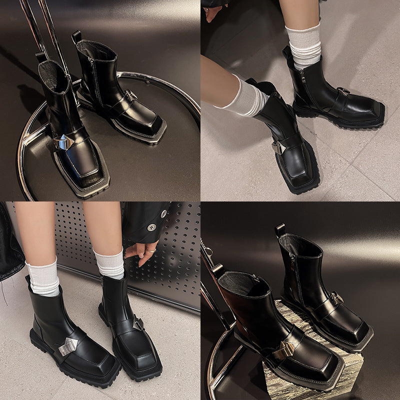 Botas de piel de vaca con hebilla de metal y cabeza cuadrada para mujer