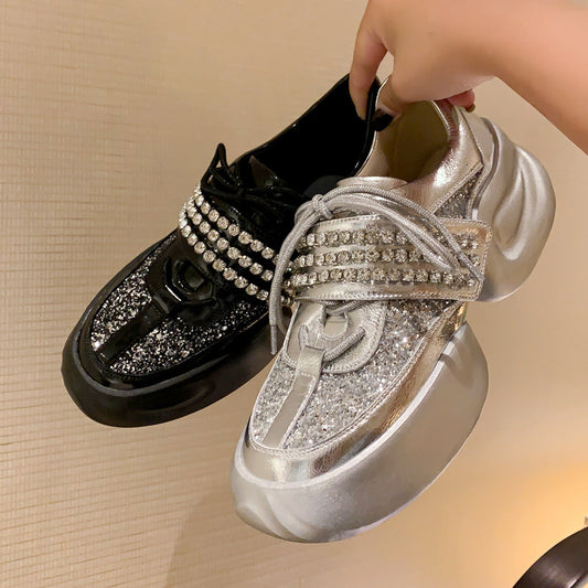 Zapatos de tacón medio con plataforma y diamantes de imitación para papá