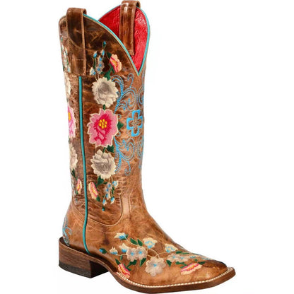 Botas altas de caballero vintage con flores para mujer, botas de moda de PU artificial marrón altas