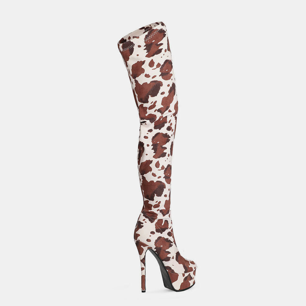 Platform Round Head Cow Pattern Over The Knee Boots Women's Boots