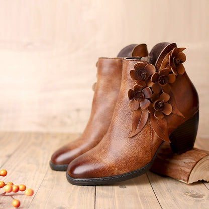 Botas femininas originais artesanais com flores brilhantes, salto médio, botas curtas