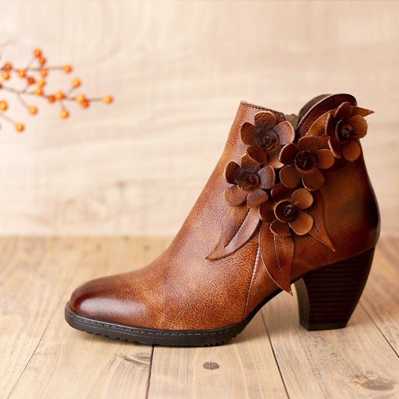 Botas femininas originais artesanais com flores brilhantes, salto médio, botas curtas