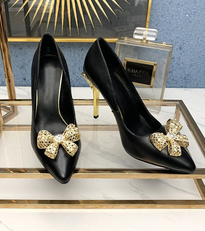 Zapatos de tacón de aguja de punta poco profunda con hebilla de metal y lazo de diamantes de imitación para primavera y otoño