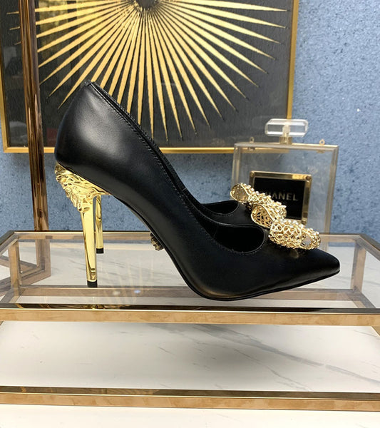 Zapatos de tacón de aguja de punta poco profunda con hebilla de metal y lazo de diamantes de imitación para primavera y otoño