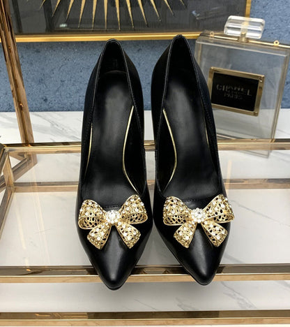 Zapatos de tacón de aguja de punta poco profunda con hebilla de metal y lazo de diamantes de imitación para primavera y otoño