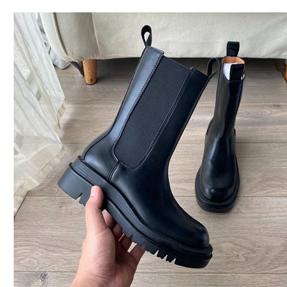 Botas Chelsea de tubo medio para mujer, botas de moto británicas elásticas con mangas y suela gruesa