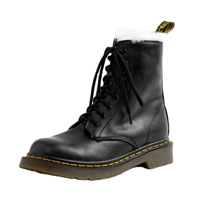 Botas curtas femininas Martin Boots com forro de lã real e sapatos de lã de cordeiro