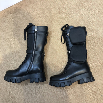 Botas casuais de sola grossa com cadarço e zíper