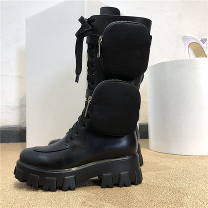 Botas casuais de sola grossa com cadarço e zíper