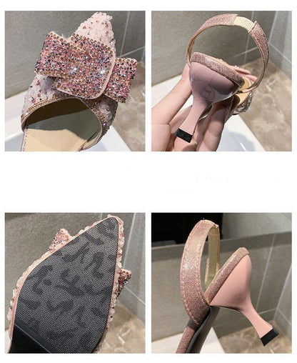 Zapatos de tacón de aguja pequeños y frescos con lazo y diamantes de imitación para mujer