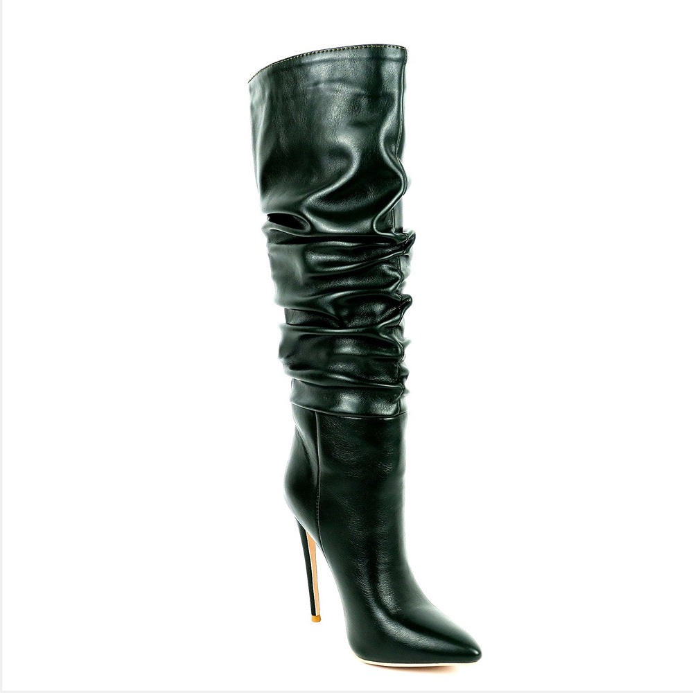 Botas femininas de cano alto com dobras de outono e inverno, bico fino, moda europeia e americana, sexy, preta, salto alto para mulheres