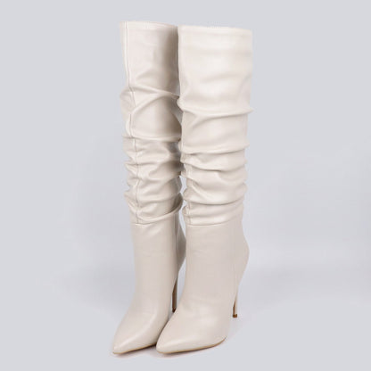 Botas femininas de cano alto com dobras de outono e inverno, bico fino, moda europeia e americana, sexy, preta, salto alto para mulheres