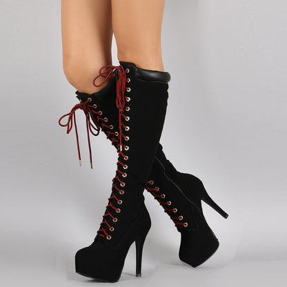 High-heeled  Boots Women's High Waterproof Platform Stiletto Knee-length Lace Up