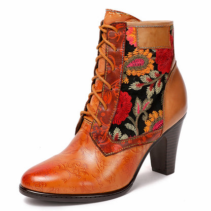 Botas de tacón alto para mujer, estilo étnico, de piel de vaca, originales, retro, puntiagudas, resistentes al desgaste, de tubo medio