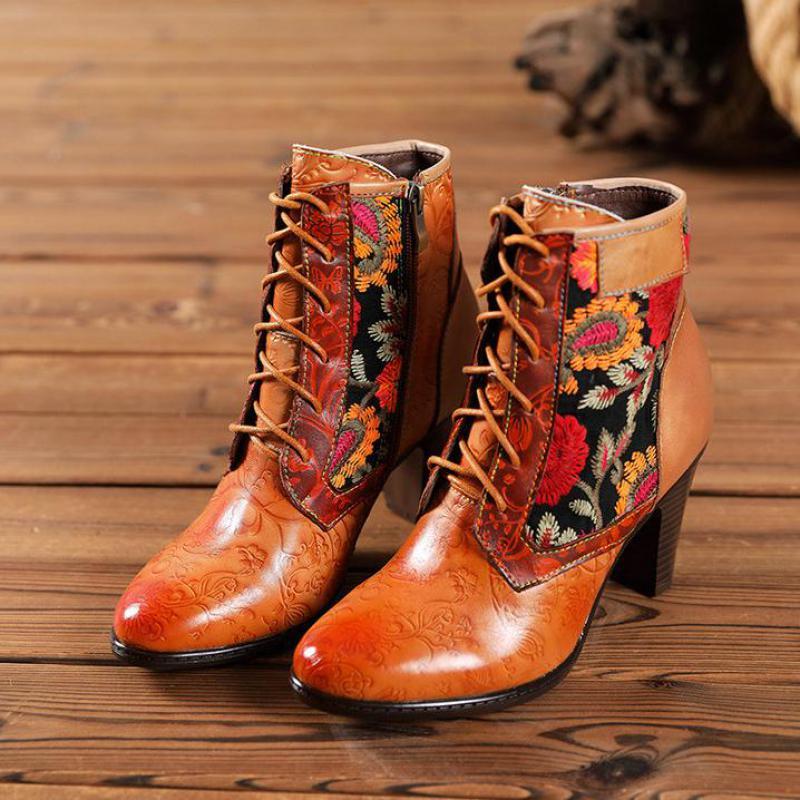 Botas de tacón alto para mujer, estilo étnico, de piel de vaca, originales, retro, puntiagudas, resistentes al desgaste, de tubo medio