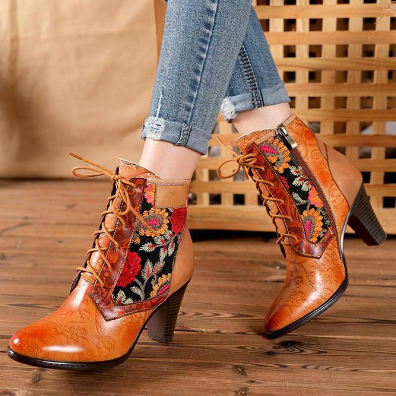 Botas de tacón alto para mujer, estilo étnico, de piel de vaca, originales, retro, puntiagudas, resistentes al desgaste, de tubo medio