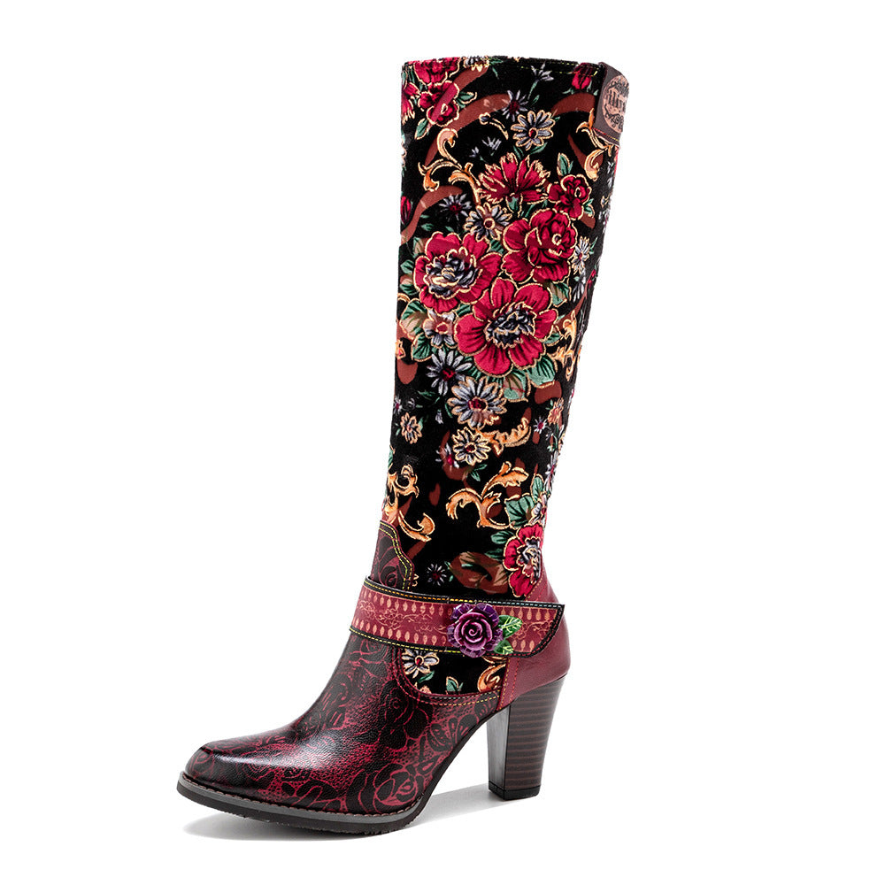 Botas de mujer de estilo retro desgastado de otoño e invierno transfronterizas con flores tridimensionales y calidez, botas de mujer de tacón medio hasta la rodilla con cremallera