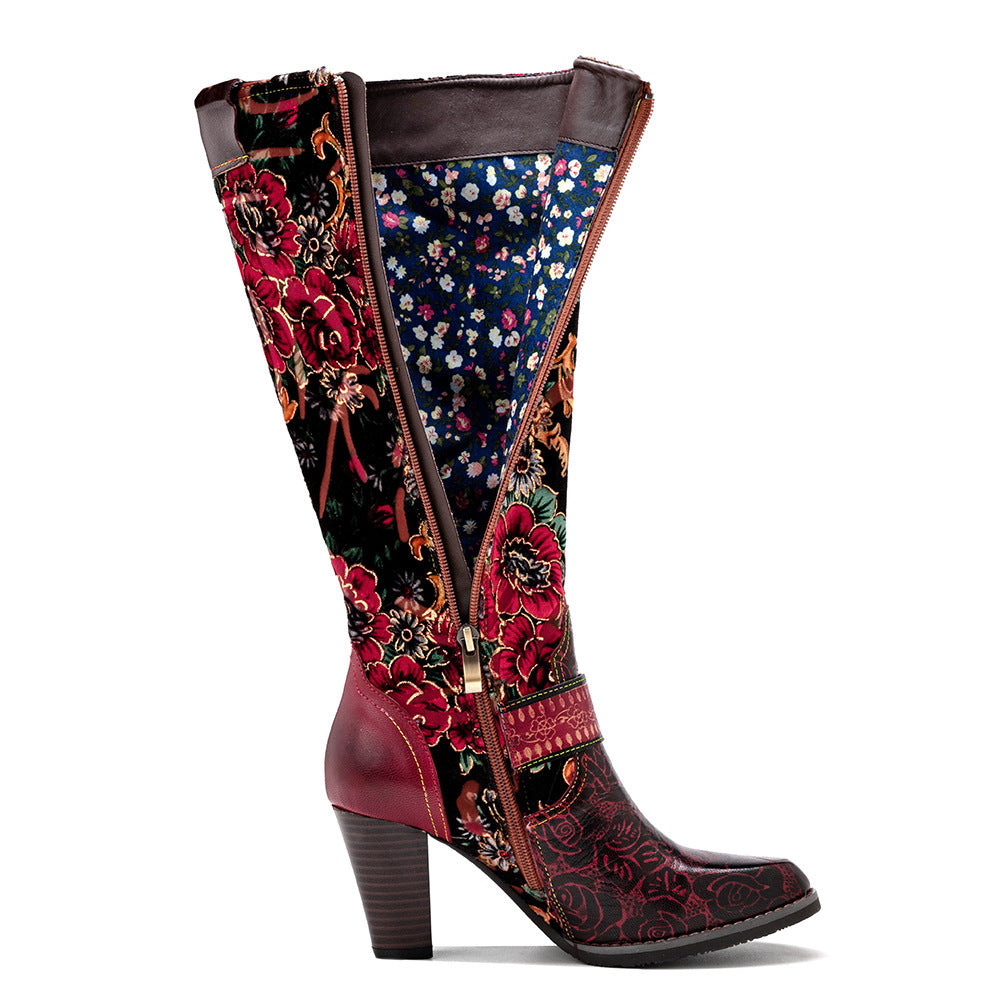 Botas de mujer de estilo retro desgastado de otoño e invierno transfronterizas con flores tridimensionales y calidez, botas de mujer de tacón medio hasta la rodilla con cremallera