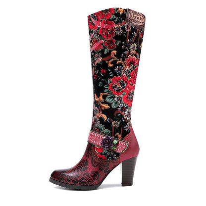 Botas de mujer de estilo retro desgastado de otoño e invierno transfronterizas con flores tridimensionales y calidez, botas de mujer de tacón medio hasta la rodilla con cremallera