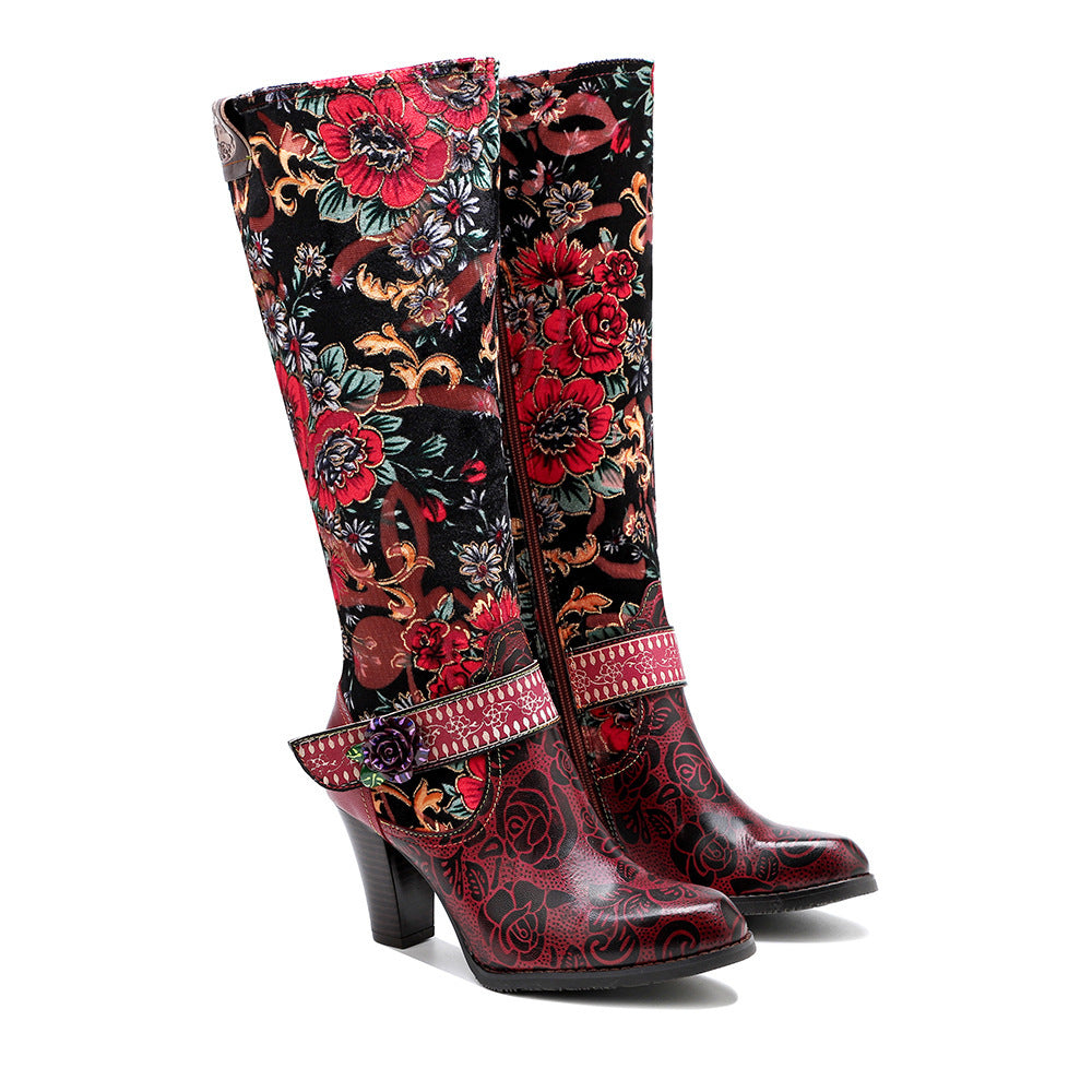 Botas de mujer de estilo retro desgastado de otoño e invierno transfronterizas con flores tridimensionales y calidez, botas de mujer de tacón medio hasta la rodilla con cremallera