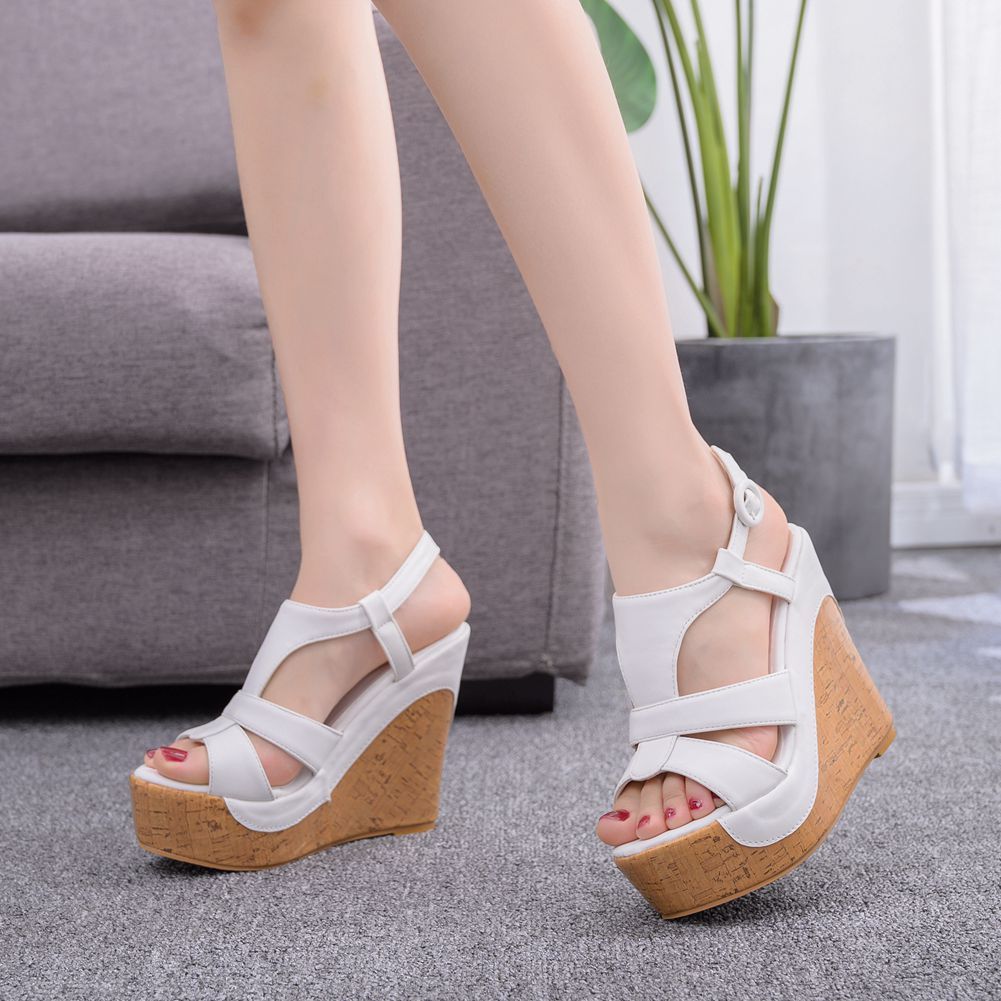 Foreign Trade Large Size 12 Cm Wedge Heel Waterproof Platform Hollow Sandals Thick Bottom Wedge Heel High Heels Women Foreign Trade Wedge Heel Sandals