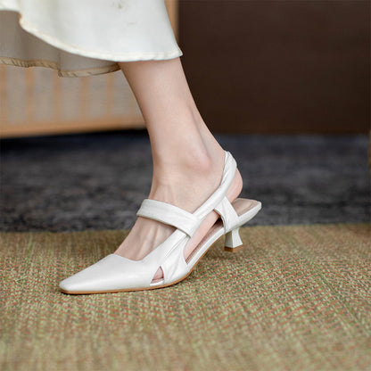 Niche French Single Shoes Women Spring And Autumn New Leather Stiletto Square Toe Mid-Heel Fairy Shoes Cat Heel Toe Sandals