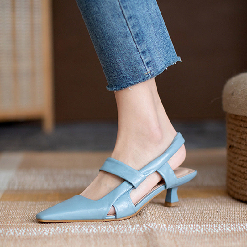 Niche French Single Shoes Women Spring And Autumn New Leather Stiletto Square Toe Mid-Heel Fairy Shoes Cat Heel Toe Sandals