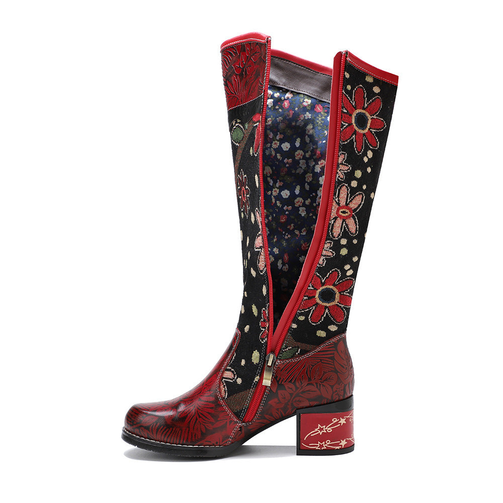 Botas casuales de cuero estilo étnico retro floral para mujer Botas altas hasta la rodilla ajustables para mujer