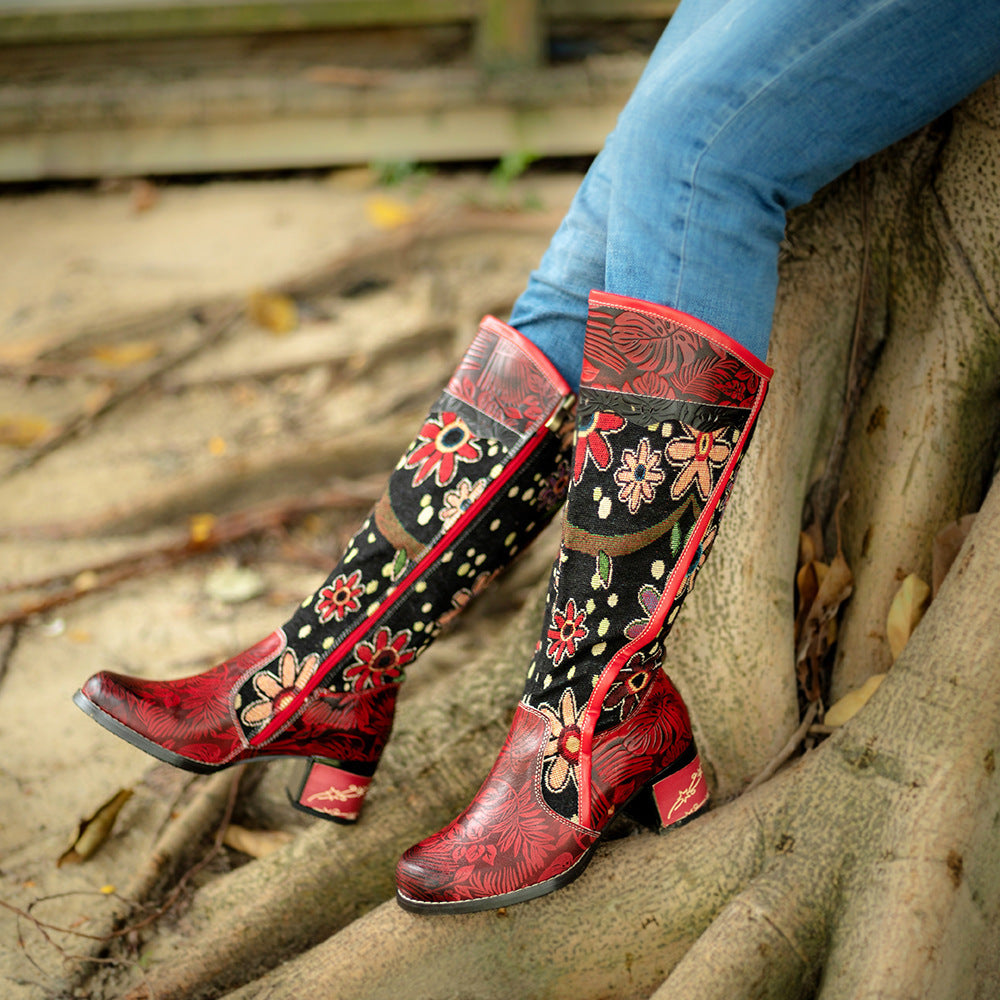 Botas casuales de cuero estilo étnico retro floral para mujer Botas altas hasta la rodilla ajustables para mujer