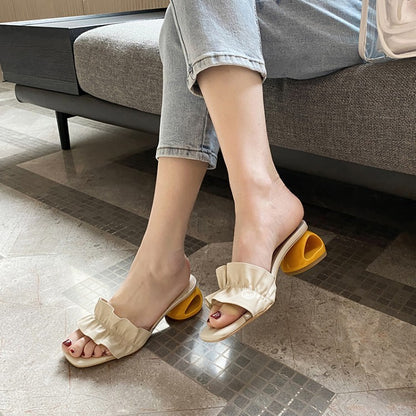 Ruffled Lady Sandals Transparent Hollow Thick Heel Open-Toed Lazy Slippers Outer Wear