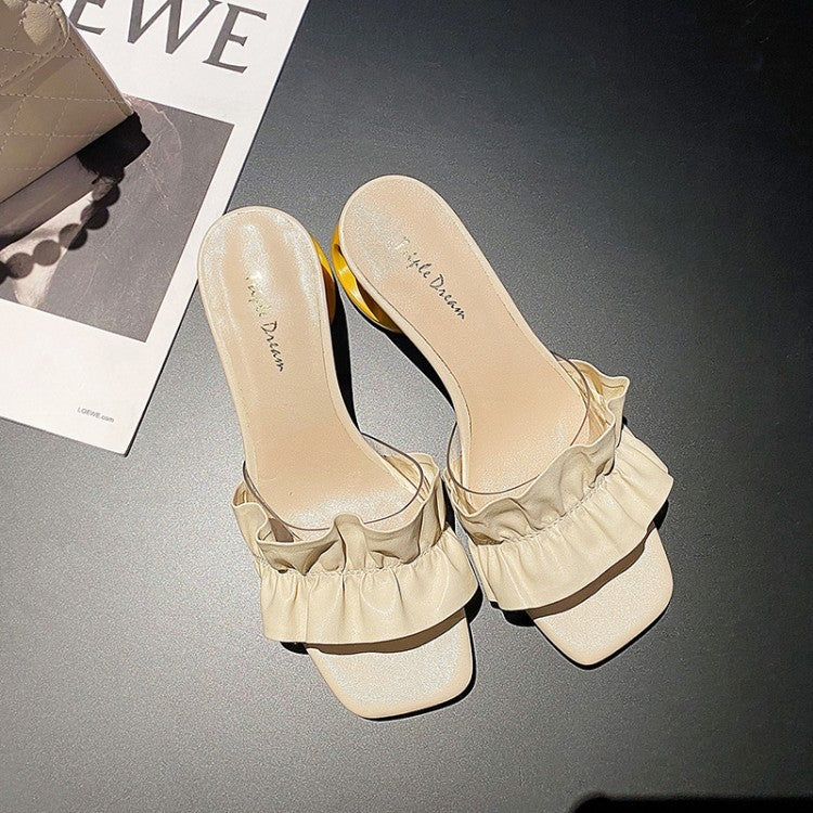 Ruffled Lady Sandals Transparent Hollow Thick Heel Open-Toed Lazy Slippers Outer Wear