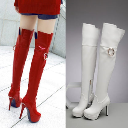 Botas altas de tacón de aguja con plataforma impermeables para mujer, botas decorativas de metal a la moda, estilo europeo y americano, botas rojas por encima de la rodilla para invierno